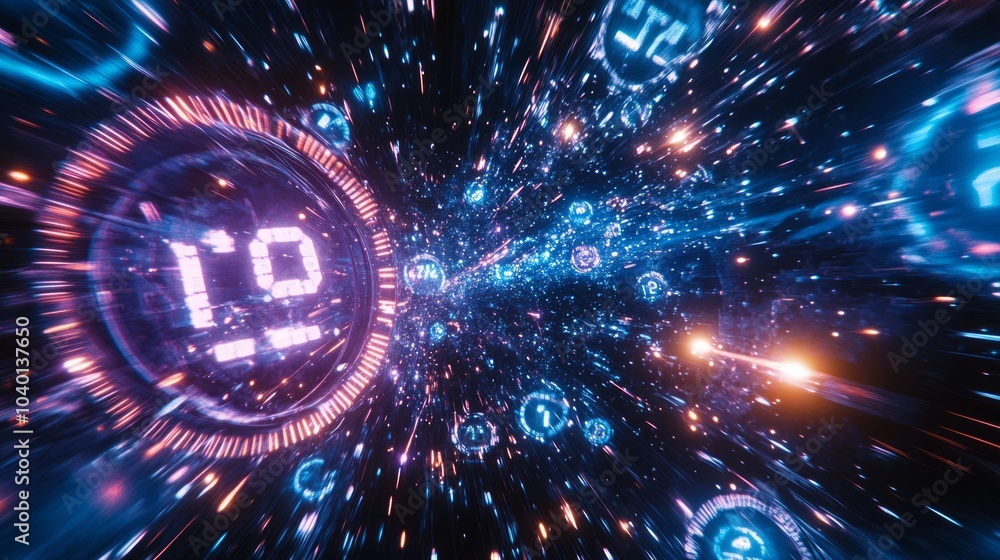 space and digital counters flying around in neon blue lights and stars space and digital counters flying around in neon blue lights and stars