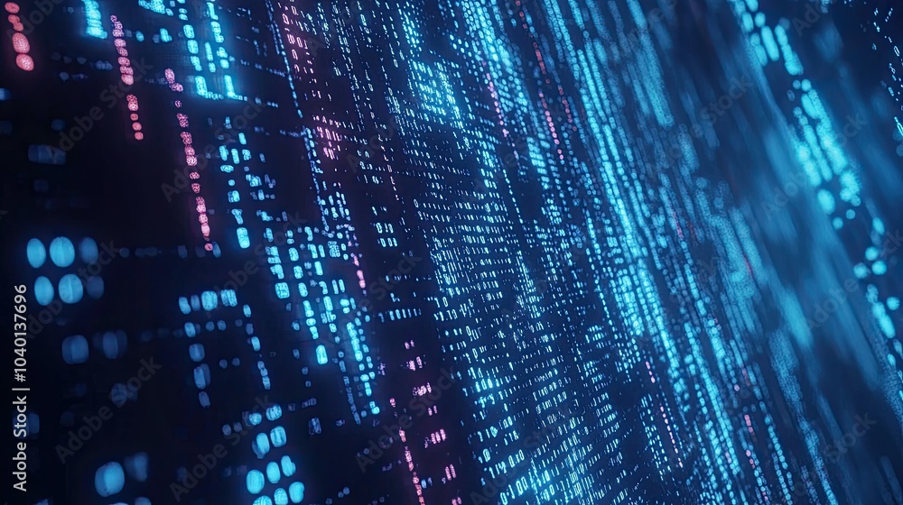 Flowing binary code on a glowing blue digital background for tech-related processes Flowing binary code on a glowing blue digital background for tech-related processes