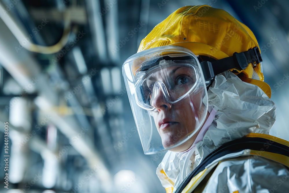 Generative AI illustration of people in biohazard protective clothes suits disinfection pollution gas radioactive elements Generative AI illustration of people in biohazard protective clothes suits disinfection pollution gas radioactive elements