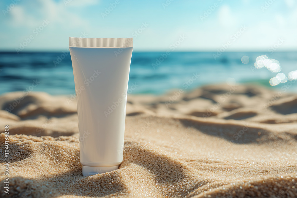 Tube of sunscreen lotion mockup template standing on sandy beach against sea view landscape, summer skin care and cosmetic concept background. Tube of sunscreen lotion mockup template standing on sandy beach against sea view landscape, summer skin care and cosmetic concept background.