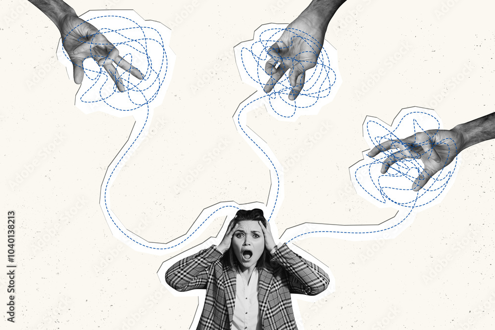 Fototapeta premium Composite photo collage of scared panic girl hold head hands aggressive threat bullying abuse mental trauma isolated on painted background