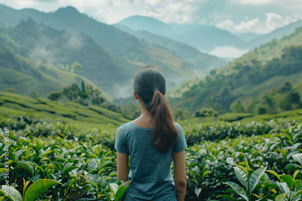 Traditional oriental tea leaves plantation harvest gathering, Generative AI