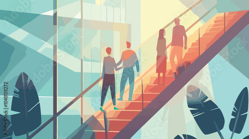 Employees giving hands and helping colleagues to walk upstairs, flat vector illustration, Mentorship