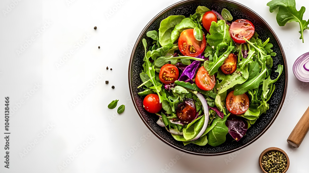 Fresh salad bowl with vibrant greens, cherry tomatoes, and red onion, showcasing healthy and colorful meal. Perfect for nutritious diet and visually appealing dishes Fresh salad bowl with vibrant greens, cherry tomatoes, and red onion, showcasing healthy and colorful meal. Perfect for nutritious diet and visually appealing dishes