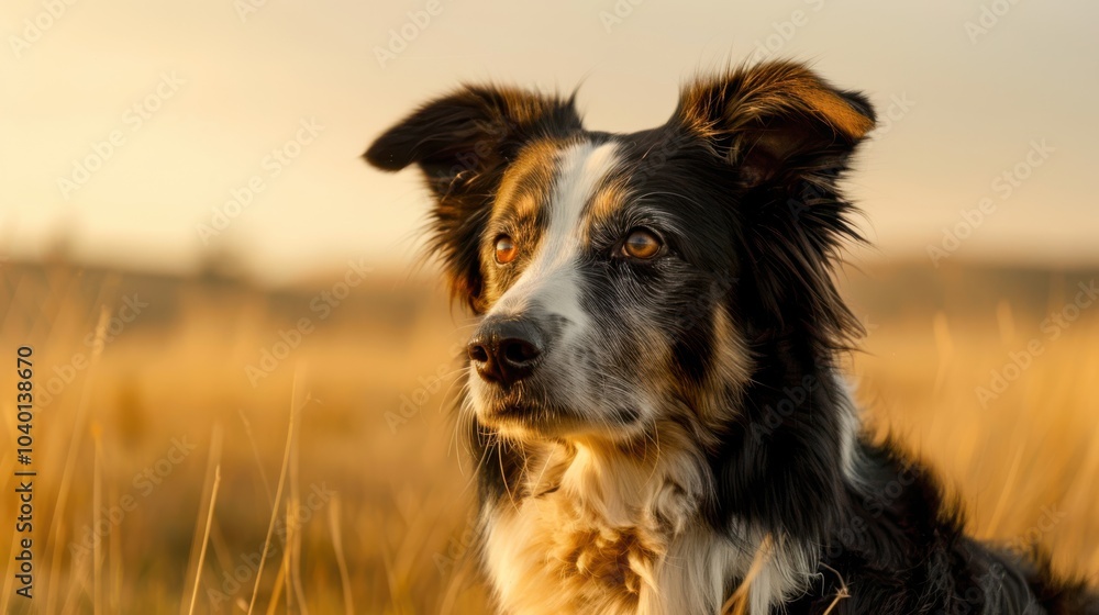 Fototapeta premium Portrait of a Border Collie with blurred countryside background, copy space, cinematic