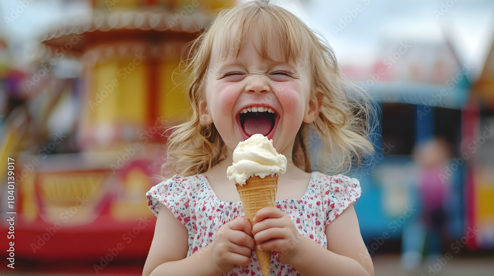 joyful child with cone of ice cream is laughing happily, capturing essence of childhood delight at fairground. vibrant background adds to cheerful atmosphere joyful child with cone of ice cream is laughing happily, capturing essence of childhood delight at fairground. vibrant background adds to cheerful atmosphere