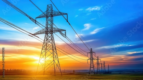 Electric power lines stretching across a coal mine at dawn