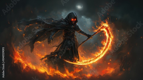 Obraz na płótnie Grim reaper with scythe. Fire, smoke. Halloween theme poster. w salonie