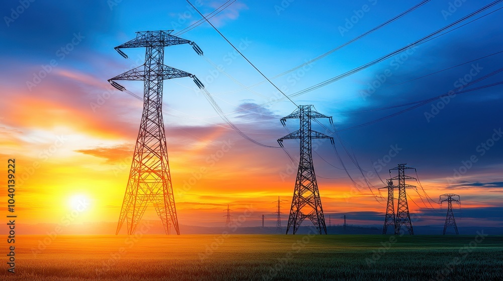 Electric power lines stretching across a coal mine at dawn Electric power lines stretching across a coal mine at dawn