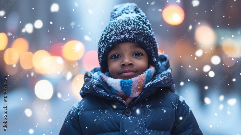 A young boy stands outside in a snowy urban setting, bundled up in warm clothing. Snowflakes gently fall around him as he smiles, surrounded by blurred city lights that add a festive atmosphere. A young boy stands outside in a snowy urban setting, bundled up in warm clothing. Snowflakes gently fall around him as he smiles, surrounded by blurred city lights that add a festive atmosphere.