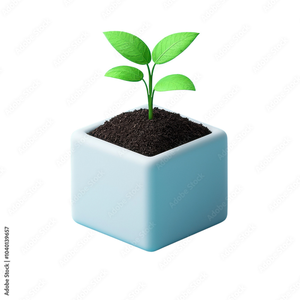 Small green plant growing in a blue cubic pot, isolated on a white background. Small green plant growing in a blue cubic pot, isolated on a white background.
