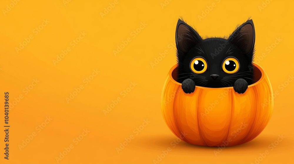 Black Cat in Pumpkin Halloween Illustration, playful design featuring a black cat nestled in an orange pumpkin, ideal for festive promotions Black Cat in Pumpkin Halloween Illustration, playful design featuring a black cat nestled in an orange pumpkin, ideal for festive promotions