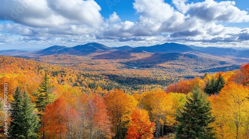 Forest-covered hills in New England with autumn foliage, leaving room for copy