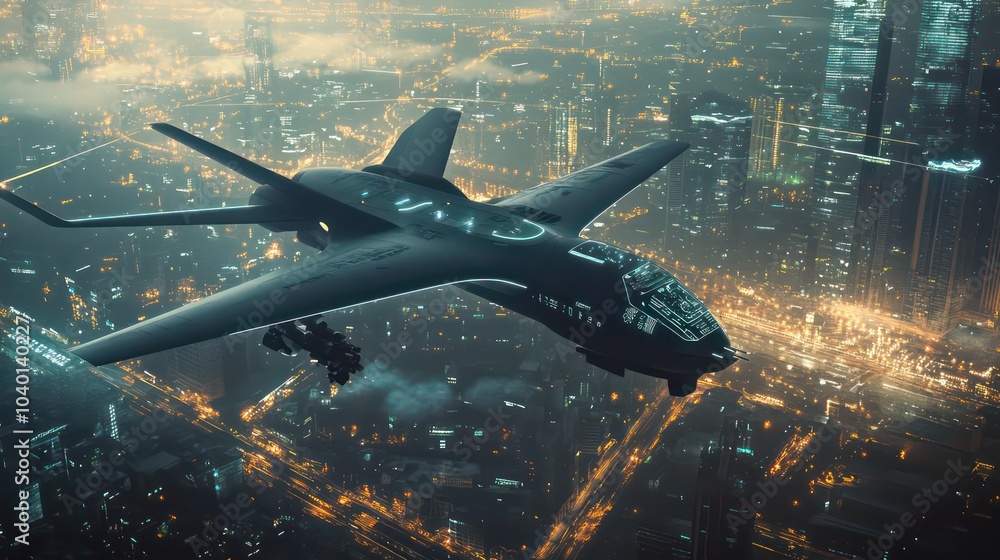 Naklejka premium Futuristic Stealth Jet Flying Over High-Tech City at Night – Advanced Cyberwarfare Aircraft