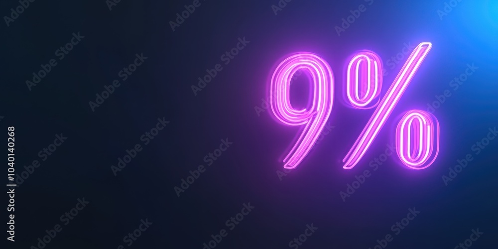 Neon number 9% on dark background with a vibrant glow effect. Neon number 9% on dark background with a vibrant glow effect.