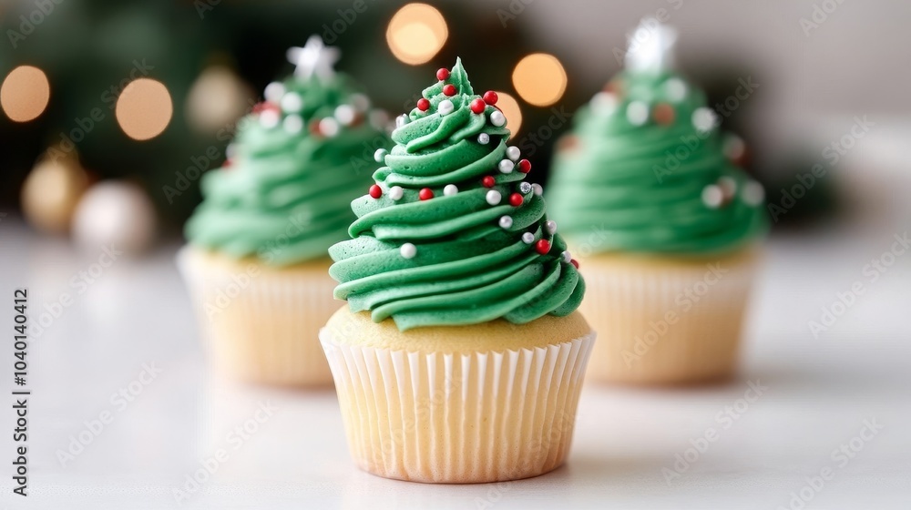 Festive Christmas tree cupcakes with green frosting Festive Christmas tree cupcakes with green frosting