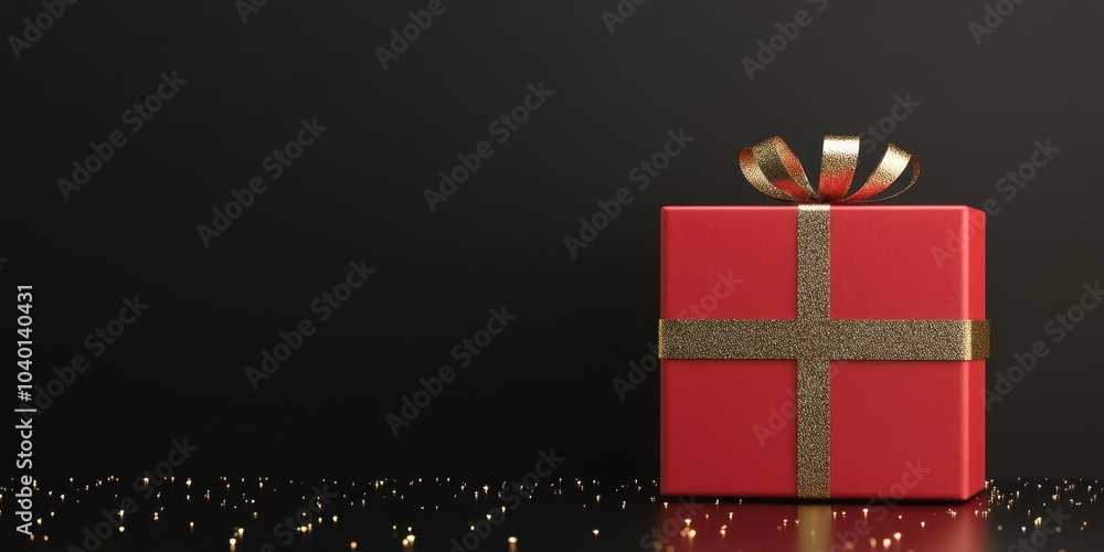 Red gift box with bow on black background, perfect for celebrations and holidays. Red gift box with bow on black background, perfect for celebrations and holidays.
