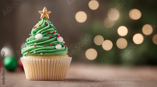 Festive Christmas tree cupcake with decorative frosting