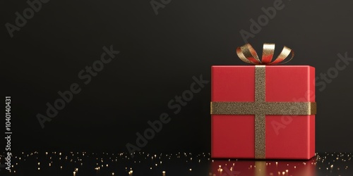Red gift box with bow on black background, perfect for celebrations and holidays.