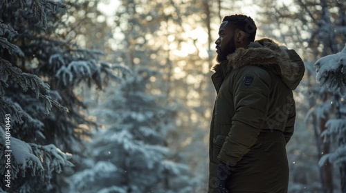 A man wearing a warm parka gazes thoughtfully into the distance while surrounded by snow-laden trees as the sun sets behind the forest, casting a soft glow on the winter landscape.