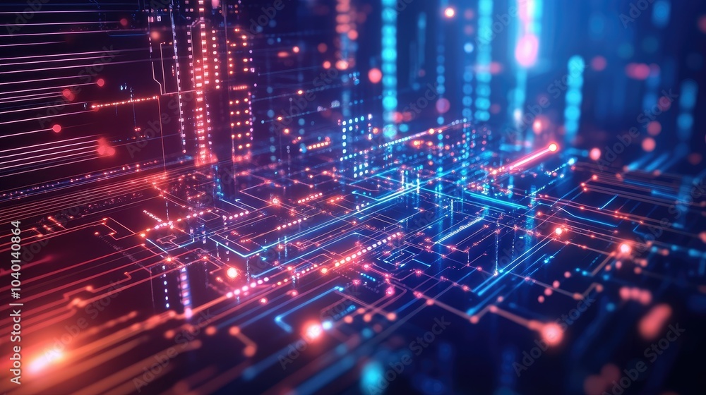Glowing circuitry design with neon patterns floating on a digital tech process backdrop Glowing circuitry design with neon patterns floating on a digital tech process backdrop
