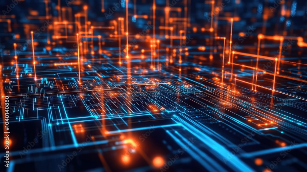 Glowing circuitry design with neon patterns floating on a digital tech process backdrop Glowing circuitry design with neon patterns floating on a digital tech process backdrop