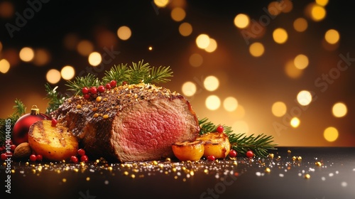 Festive roast beef with seasonal decorations and garnishes photo