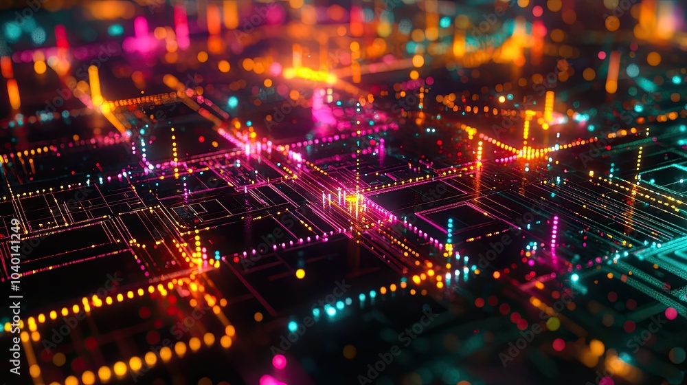 Glowing data nodes interconnected by neon light streams, floating on a tech background Glowing data nodes interconnected by neon light streams, floating on a tech background