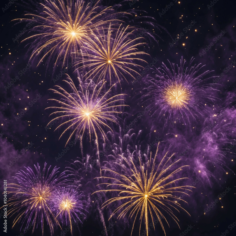 Golden and violet fireworks light up the night sky on New Year's Eve Golden and violet fireworks light up the night sky on New Year's Eve