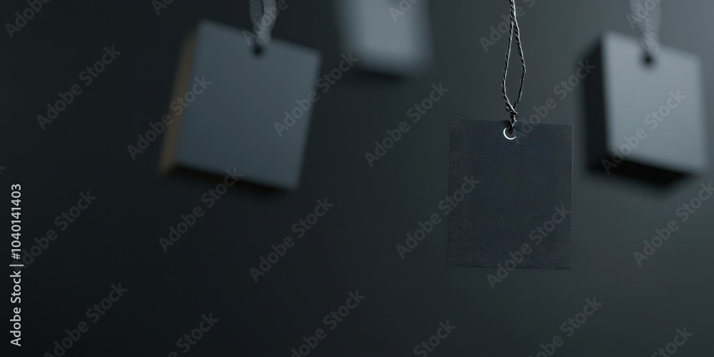 Blank hanging labels on dark background for customizable design purposes. Blank hanging labels on dark background for customizable design purposes.