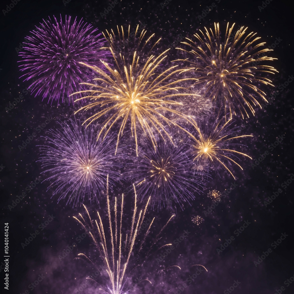 New Year celebration with bright gold and violet fireworks lighting the sky New Year celebration with bright gold and violet fireworks lighting the sky