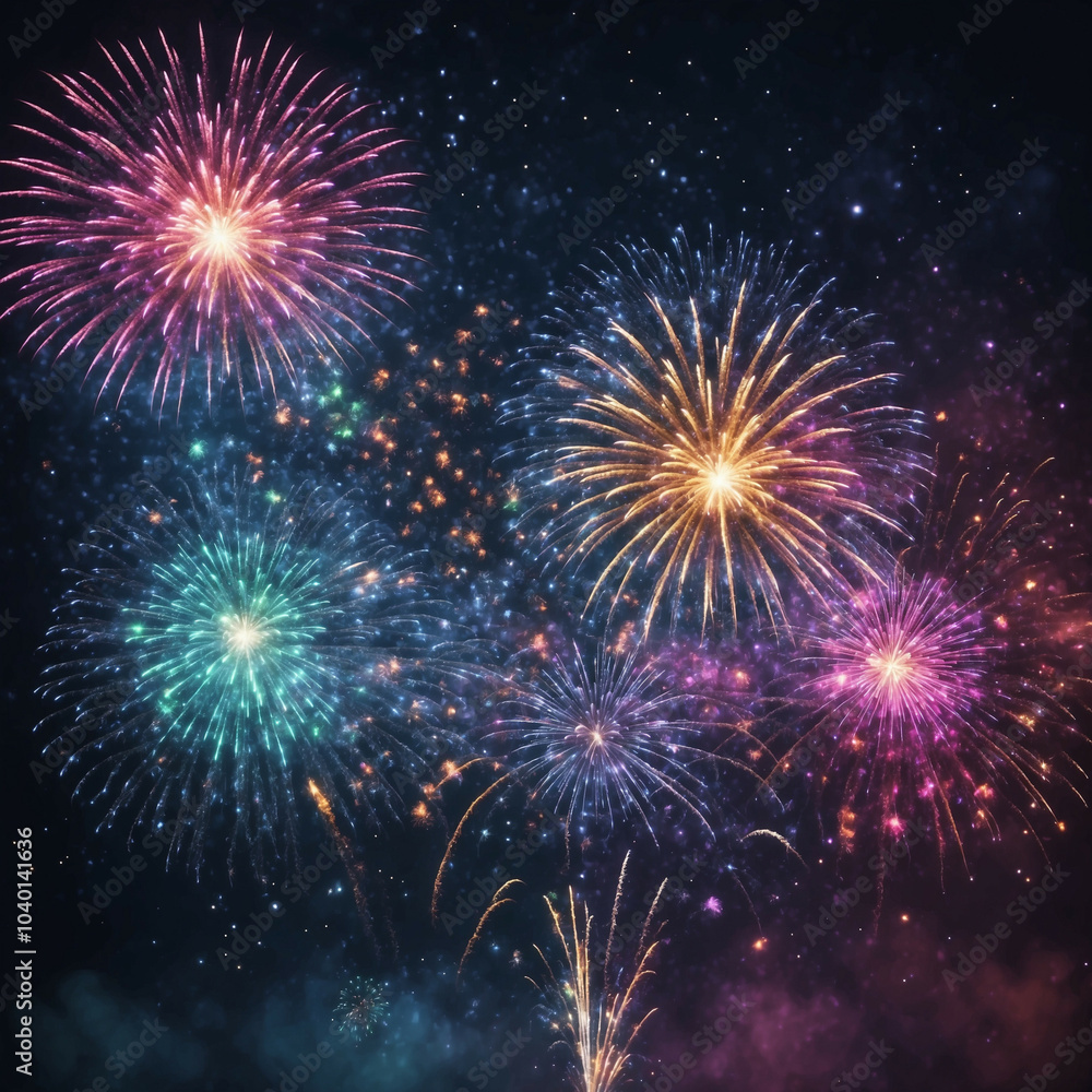 Naklejka premium Colorful fireworks illuminate the night sky on New Year's Eve celebration