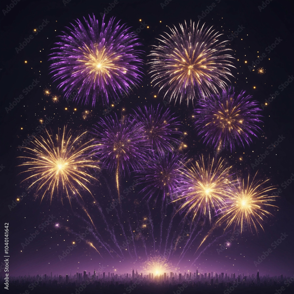 Golden and purple fireworks illuminate the night sky over a cityscape on New Year's Eve Golden and purple fireworks illuminate the night sky over a cityscape on New Year's Eve