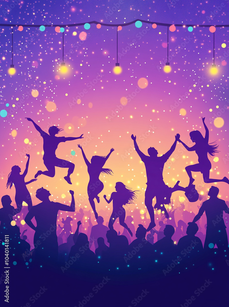 A graphic design of people jumping in the air with colorful lights on a purple background for an event poster. A graphic design of people jumping in the air with colorful lights on a purple background for an event poster.
