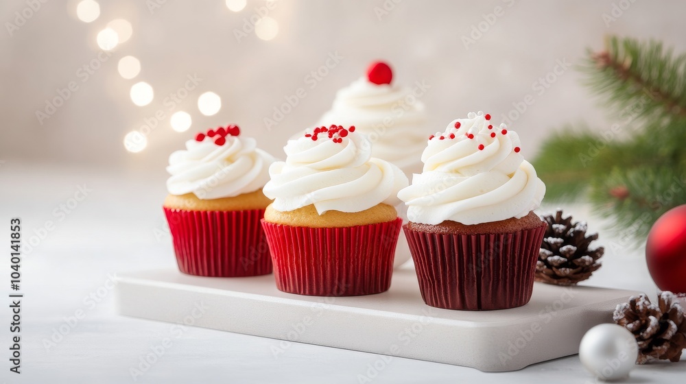 Festive cupcakes adorned with holiday decorations Festive cupcakes adorned with holiday decorations