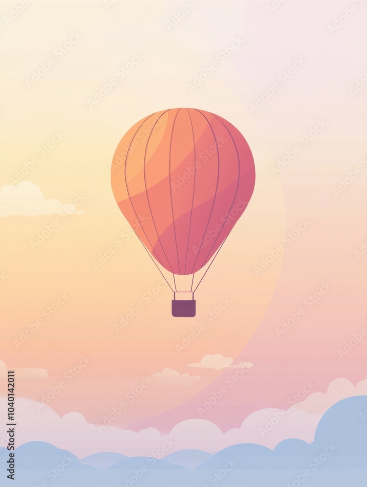 Fototapeta premium A stylish hot air balloon ascends into a tranquil sky at dusk, blending with warm pastel hues and clouds for a serene atmosphere. Generative AI