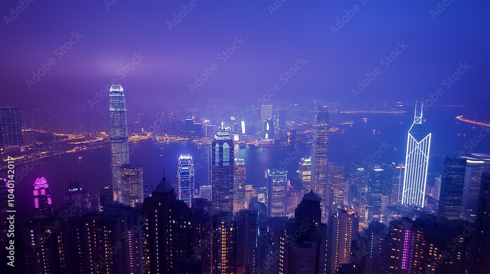 The skyline sparkles with colorful lights from towering skyscrapers beside a serene waterway at night The skyline sparkles with colorful lights from towering skyscrapers beside a serene waterway at night