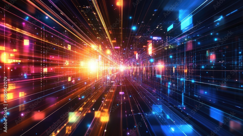 Glowing light beams and floating digital shapes on a futuristic background Glowing light beams and floating digital shapes on a futuristic background