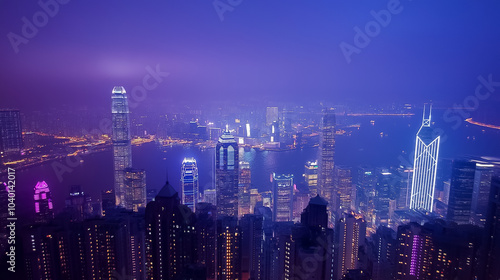 Wallpaper Mural The skyline sparkles with colorful lights from towering skyscrapers beside a serene waterway at night Torontodigital.ca