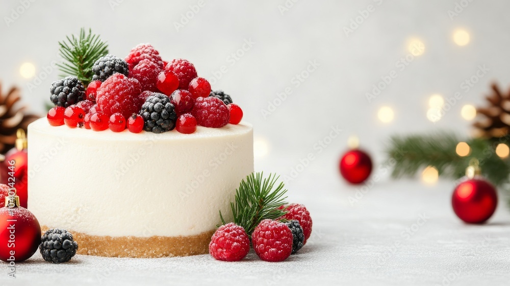 Festive cheesecake topped with fresh berries and holiday decor Festive cheesecake topped with fresh berries and holiday decor