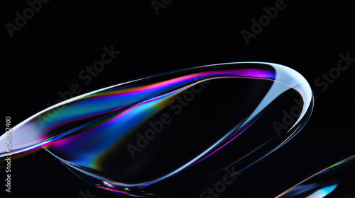 Beautiful, iridescent soap bubble captured against a dark background with delicate curves and vibrant colors reflecting light
