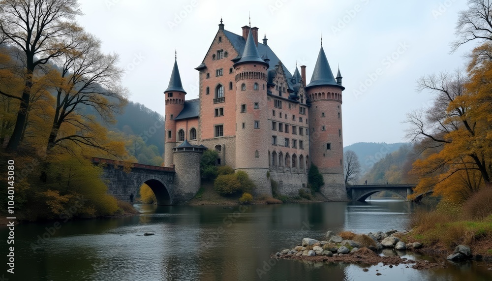 Enchanting castle on a serene river a timeless fairytale setting Enchanting castle on a serene river a timeless fairytale setting