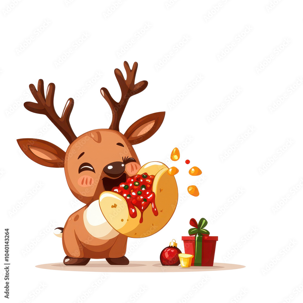 Cute cartoon reindeer enjoying a festive treat with gifts, white isolate background. Cute cartoon reindeer enjoying a festive treat with gifts, white isolate background.