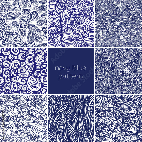 Abstract navy blue hand-drawn pattern set, waves background. Seamless pattern...