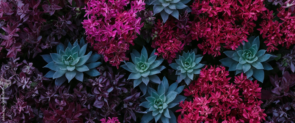 Blue succulents bloom amongst vibrant purple and red flowers Blue succulents bloom amongst vibrant purple and red flowers