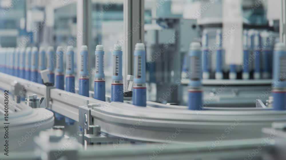 Insulin Injection Pens on Conveyor Line at Modern Pharmaceutical Factory. Medication Manufacturing. Medicinal Drug Production Plant. Insulin Injection Pens on Conveyor Line at Modern Pharmaceutical Factory. Medication Manufacturing. Medicinal Drug Production Plant.