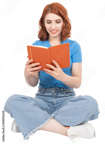 Reading book, full body view young caucasian pretty cute 20s woman sit floor legs crossed holding reading book with big smile. Wear jeans and t shirt. Education concept. Transparent png background.