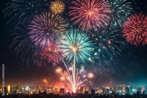 Colorful fireworks explode over a city skyline on New Year's Eve