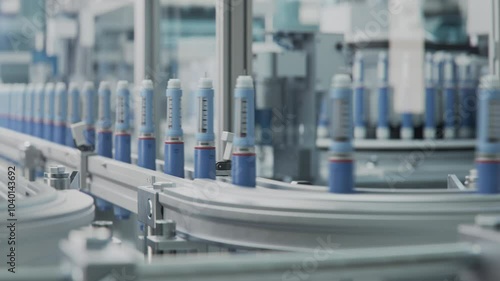 Insulin Injection Pens on Conveyor Line at Modern Pharmaceutical Factory. Medication Manufacturing. Medicinal Drug Production Plant. photo