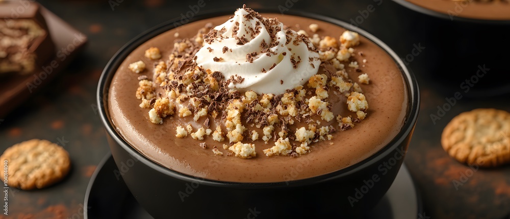 A rich chocolate dessert topped with whipped cream and crunchy bits, served in a black bowl. A rich chocolate dessert topped with whipped cream and crunchy bits, served in a black bowl.